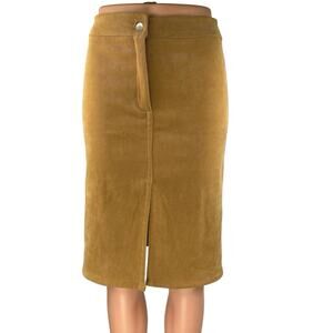 Plum Women's Brown Gold Faux Suede Zipper Slit Knee Length Pencil Skirt Size S